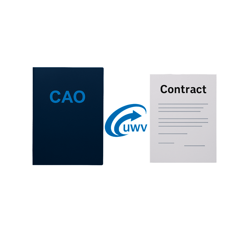 praca-holandia-cao-kontrakt-uwv Zestawienie dokumentów związanych z pracą w Holandii: broszura CAO, logo urzędu UWV oraz umowa o pracę (Contract).