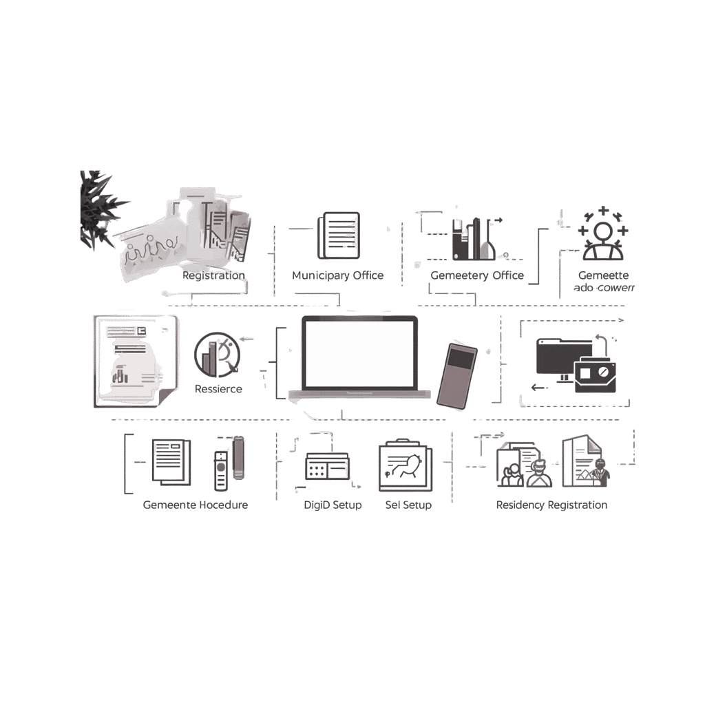procedury-urzedowe-holandia-rejestracja-schemat Infografika przedstawiająca etapy rejestracji w Holandii: od wizyty w urzędzie gminy (Municipary Office), przez ustawienie DigiD, aż po uzyskanie statusu rezydenta.