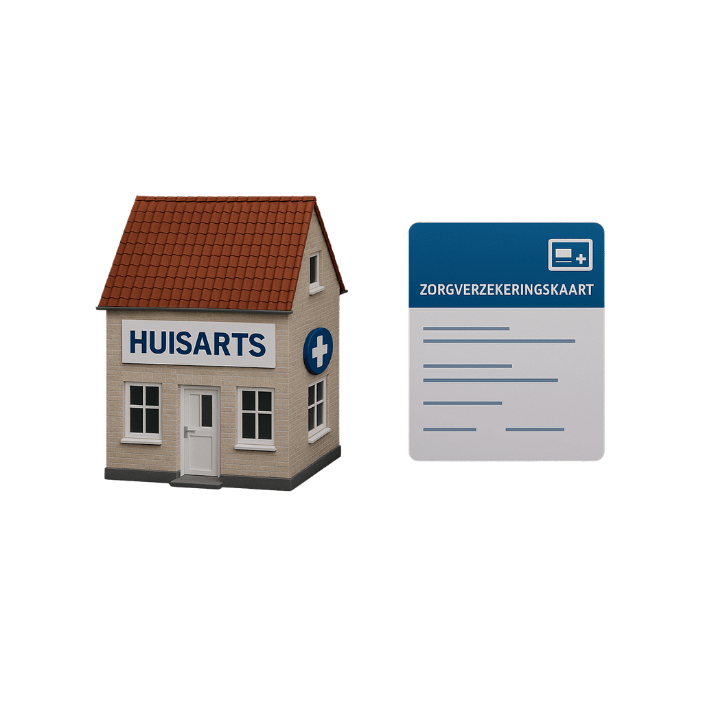 ubezpieczenie-zdrowotne-lekarz-huisarts-holandia Model budynku przychodni z napisem HUISARTS oraz karta ubezpieczenia zdrowotnego ZORGVERZEKERINGSKAART na czarnym tle.