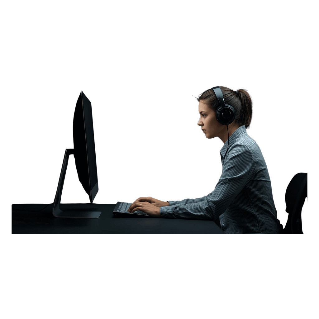 pomoc-online-biuro-obsluga-klienta-holandia Kobieta w słuchawkach pracująca przy komputerze stacjonarnym na czarnym tle – symbol wsparcia online i obsługi klienta.