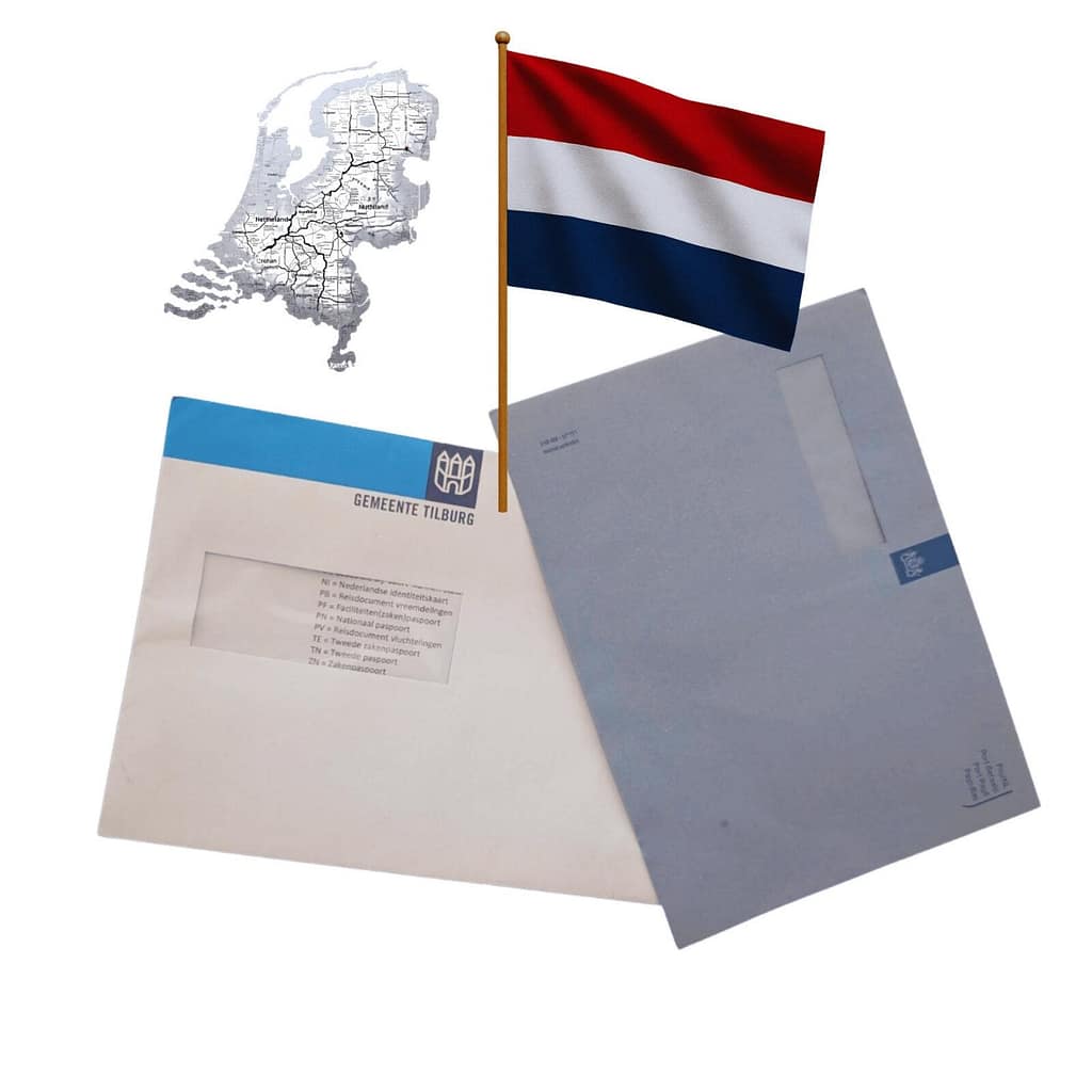 Flaga Holandii, mapa Niderlandów oraz koperty z urzędu gminy Gemeente Tilburg i urzędu skarbowego Belastingdienst – formalności i podatki w Holandii.