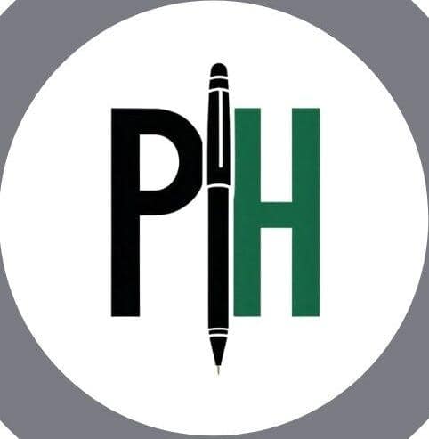 Okrągłe logo serwisu pomocnikholenderski.pl z czarną literą P, zieloną literą H oraz symbolem wiecznego pióra pośrodku.