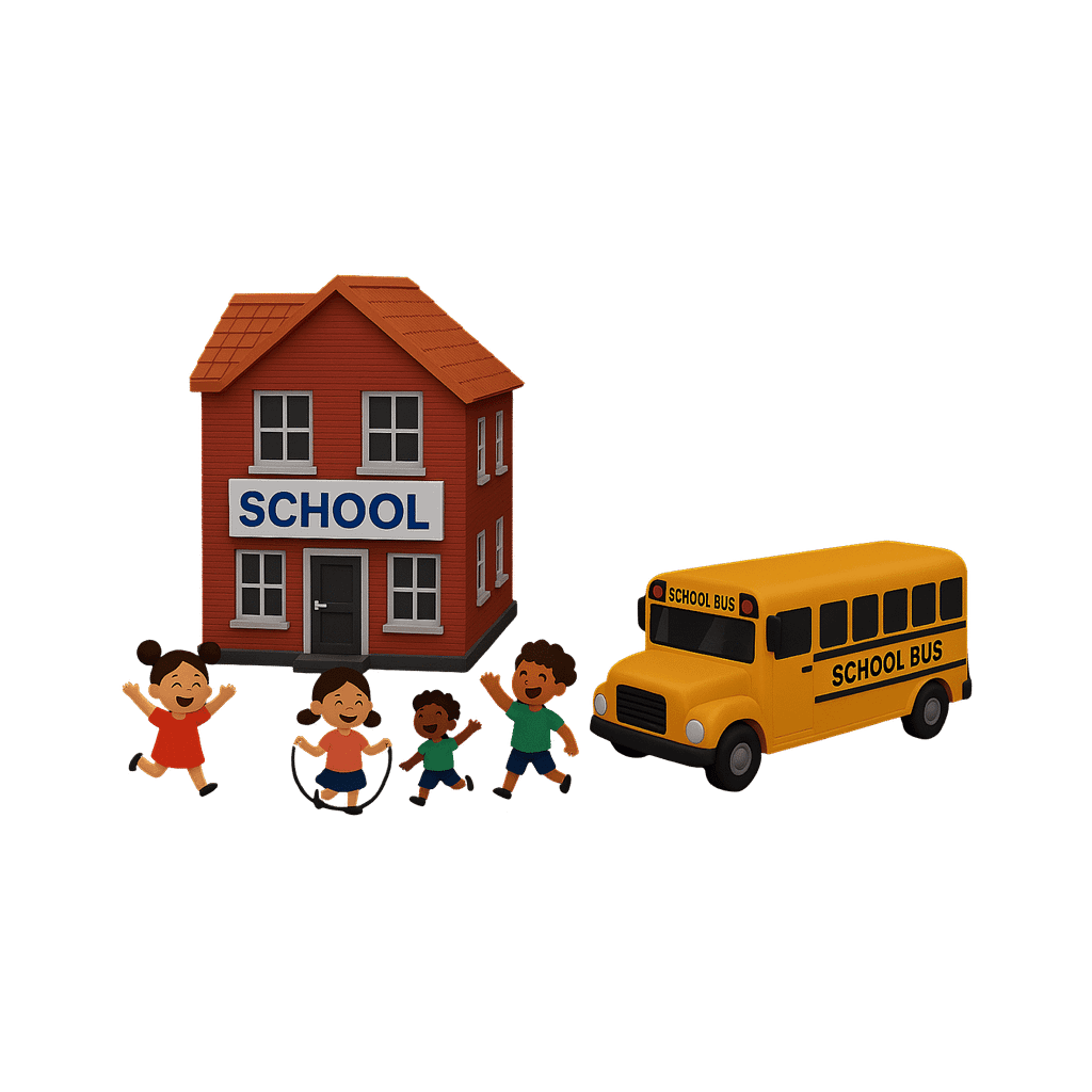 szkola-edukacja-dzieci-holandia-system Ilustracja przedstawiająca budynek szkoły z napisem SCHOOL, żółty autobus szkolny oraz uśmiechnięte dzieci bawiące się na zewnątrz.