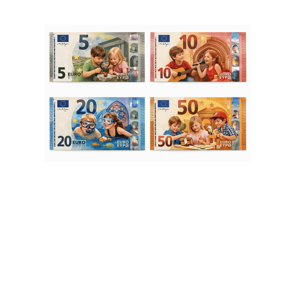 finanse-rodzinne-euro-zasilki-dzieci-holandia Zestawienie czterech kolorowych banknotów o nominałach 5, 10, 20 i 50 Euro, na których przedstawiono dzieci podczas nauki i zabawy.