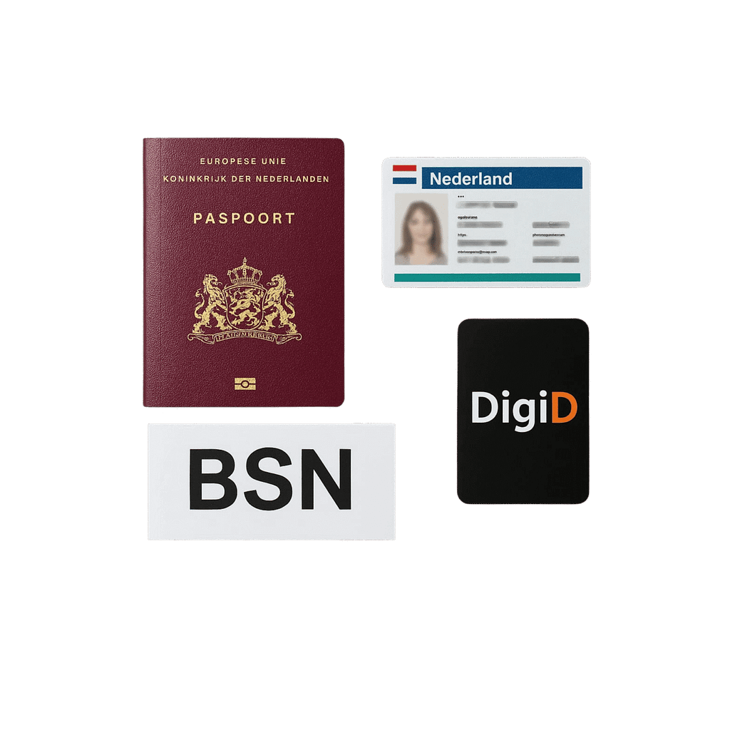 dokumenty-tozsamosci-bsn-digid-holandia Zestawienie najważniejszych dokumentów w Holandii: paszport, holenderska karta identyfikacyjna, karta z napisem BSN oraz logo DigiD na czarnym tle.