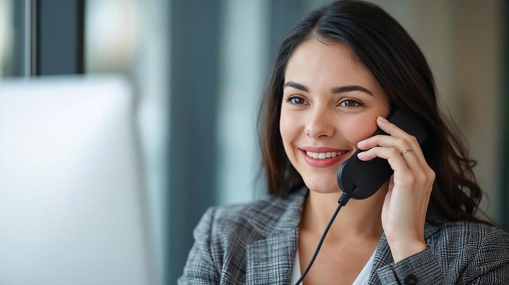 Uśmiechnięta kobieta w eleganckim żakiecie rozmawiająca przez telefon biurowy przed monitorem komputera.