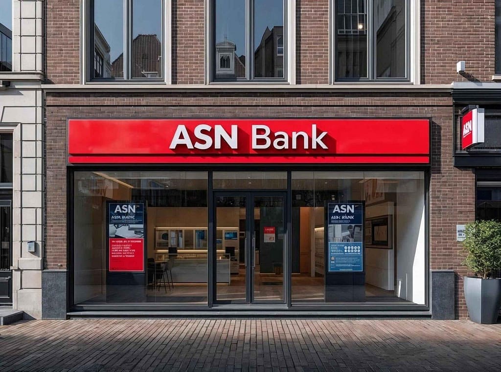 Czerwony szyld ASN Bank nad wejściem do nowoczesnej placówki bankowej w holenderskiej kamienicy.