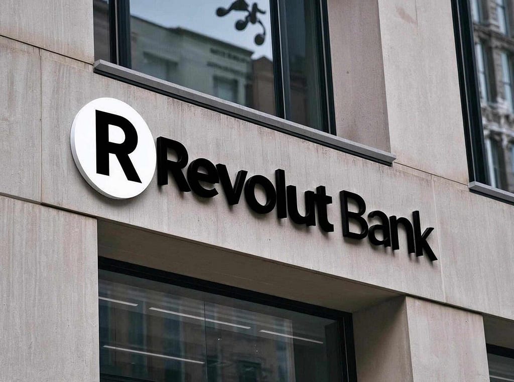 Czarny napis Revolut Bank z okrągłym logo na jasnej fasadzie nowoczesnego budynku biurowego.