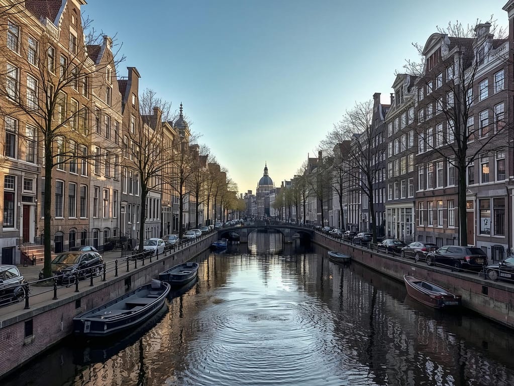Widok na malowniczy kanał w Amsterdamie z rzędami zabytkowych kamienic, zaparkowanymi łodziami i mostem prowadzącym w stronę kopuły bazyliki w tle.