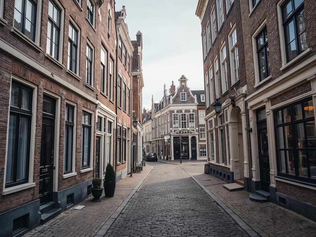 Wąska, zabytkowa uliczka w holenderskim mieście Delft wyłożona kostką brukową, otoczona klasycznymi kamienicami z cegły