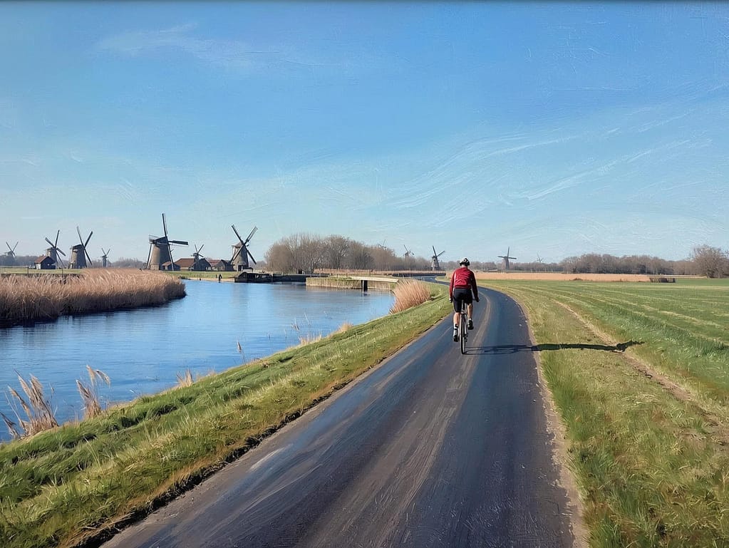Rowerzysta jadący asfaltową ścieżką rowerową wzdłuż kanału w Holandii, w tle widać liczne zabytkowe wiatraki i zielone pola pod błękitnym niebem.