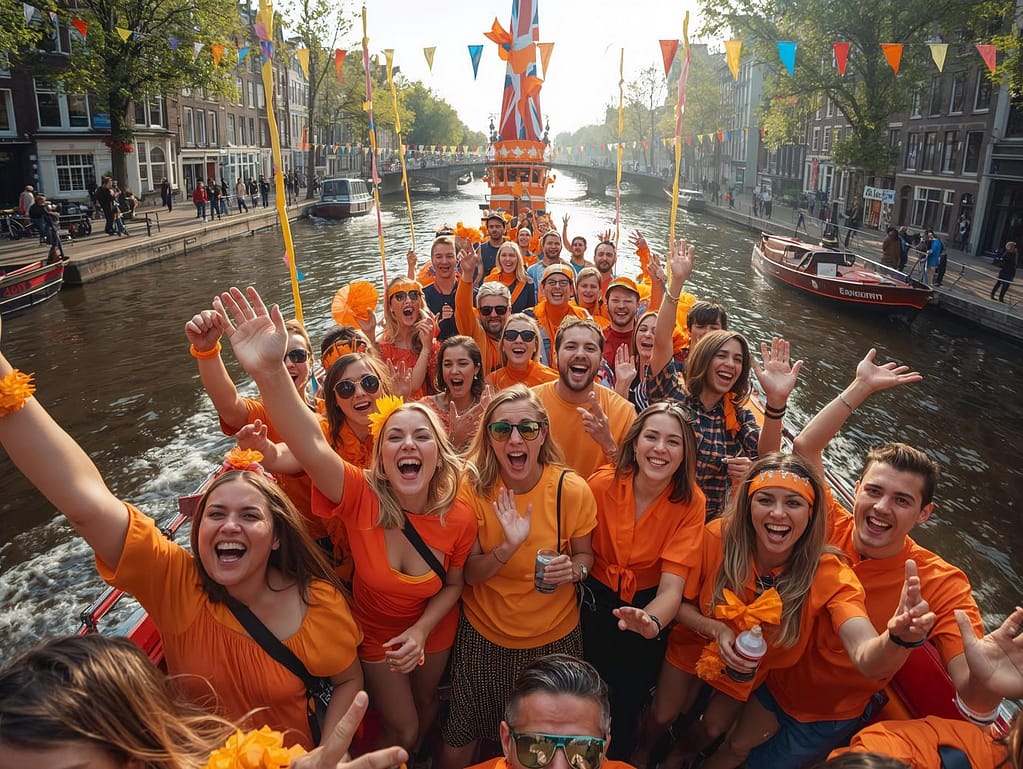 Tłum uśmiechniętych ludzi ubranych na pomarańczowo bawiący się na łodziach na udekorowanym kanale w Amsterdamie podczas obchodów Dnia Króla w Holandii.