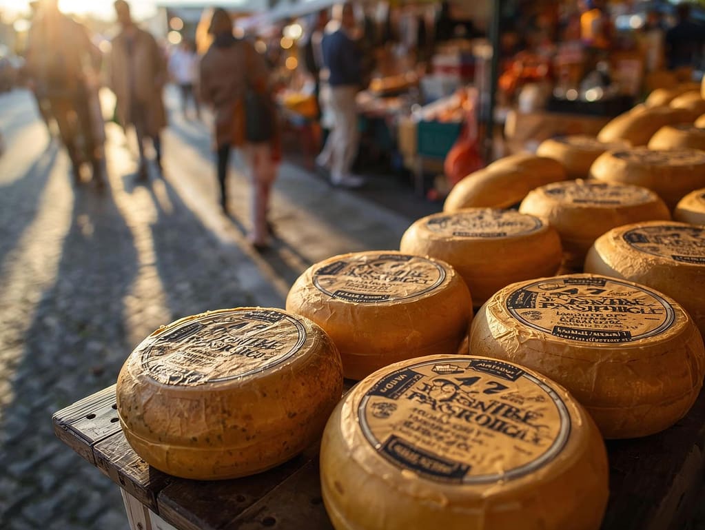 Tradycyjne kręgi holenderskiego sera ułożone na drewnianym straganie podczas porannego targu ulicznego, w tle rozmazane sylwetki kupujących osób.