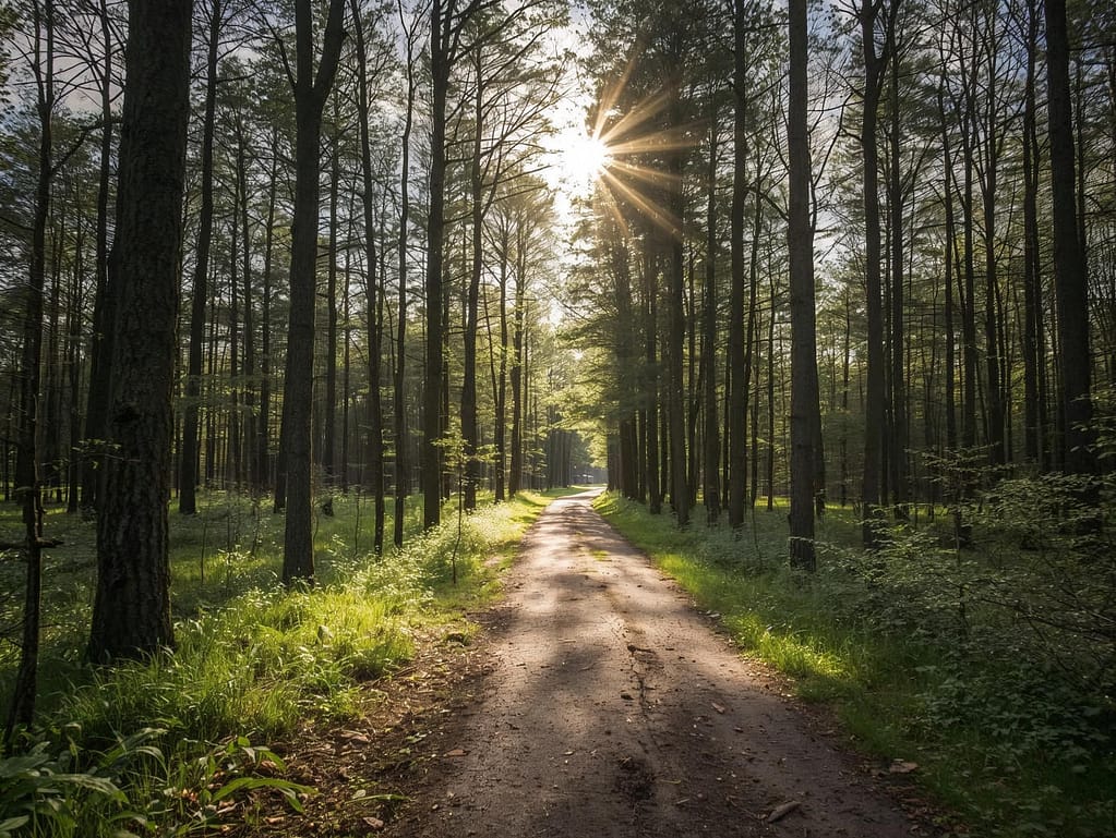 Malownicza leśna ścieżka w Parku Narodowym De Hoge Veluwe w Holandii, ze słońcem przeświecającym przez gęste korony drzew.