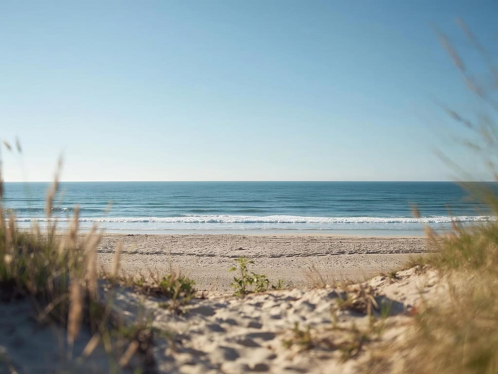 Szeroka, piaszczysta plaża nad Morzem Północnym w Holandii widziana zza trawiastych wydm w słoneczny dzień.