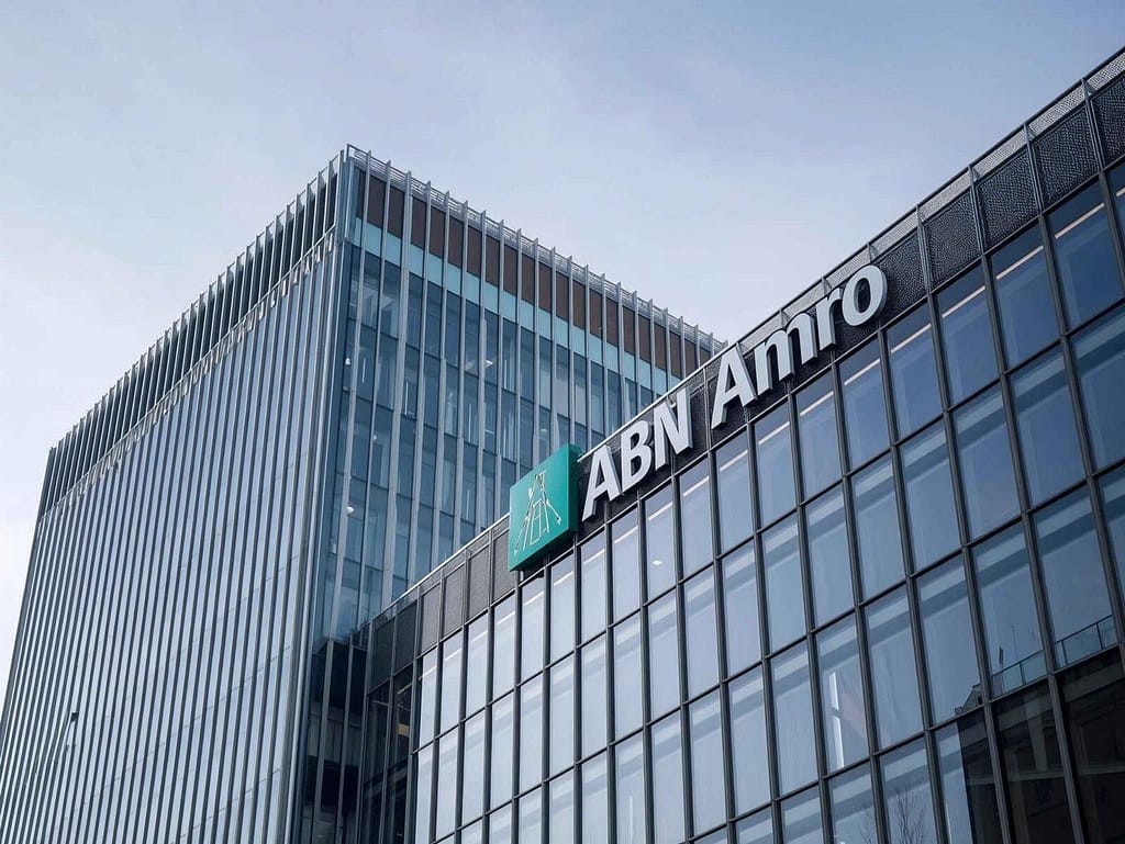 Szklany biurowiec w Holandii z zielonym logo i białym napisem ABN AMRO na fasadzie budynku.