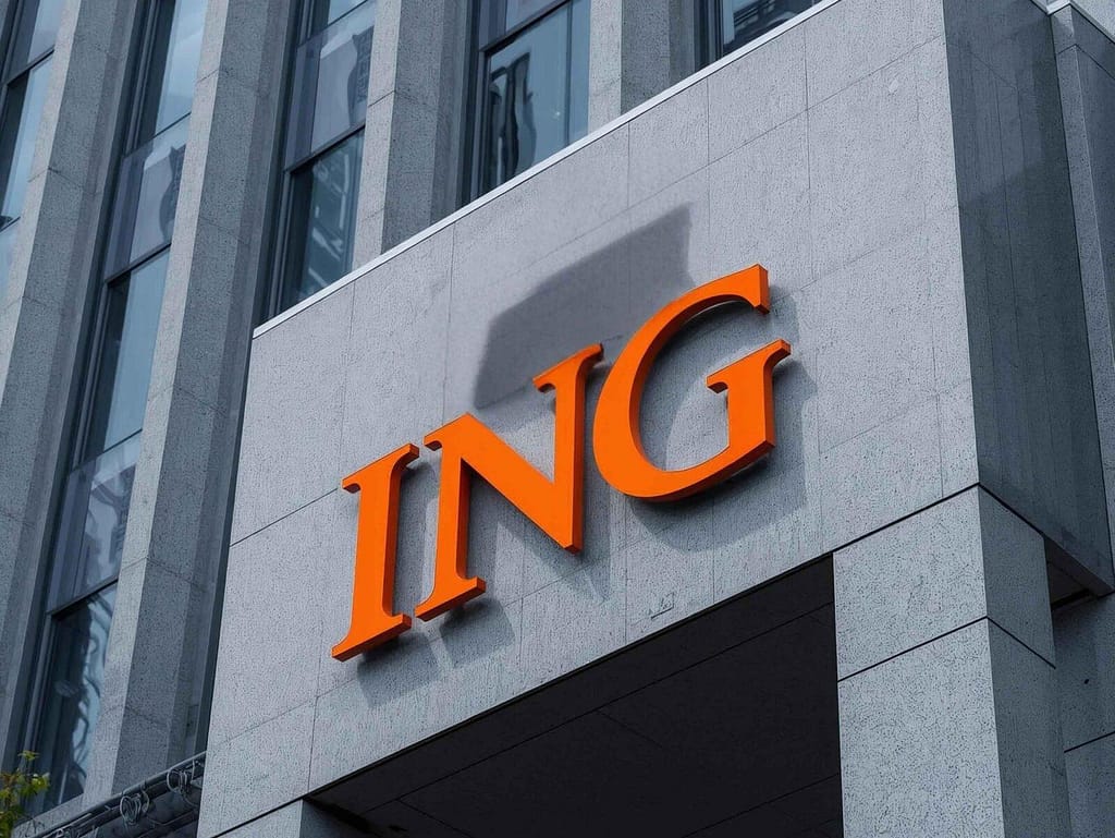 Pomarańczowe logo ING Bank na nowoczesnej szarej elewacji budynku biurowego w Holandii.