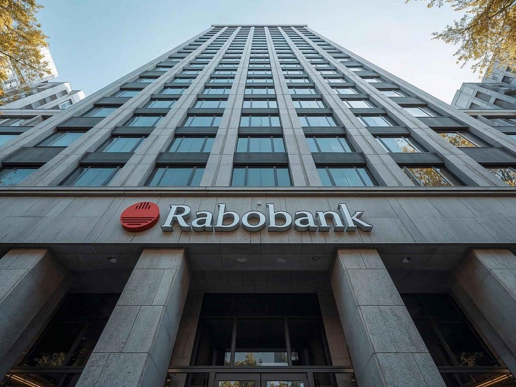 Wysoki szklany wieżowiec z widocznym dużym logotypem i napisem Rabobank przy wejściu do siedziby banku.