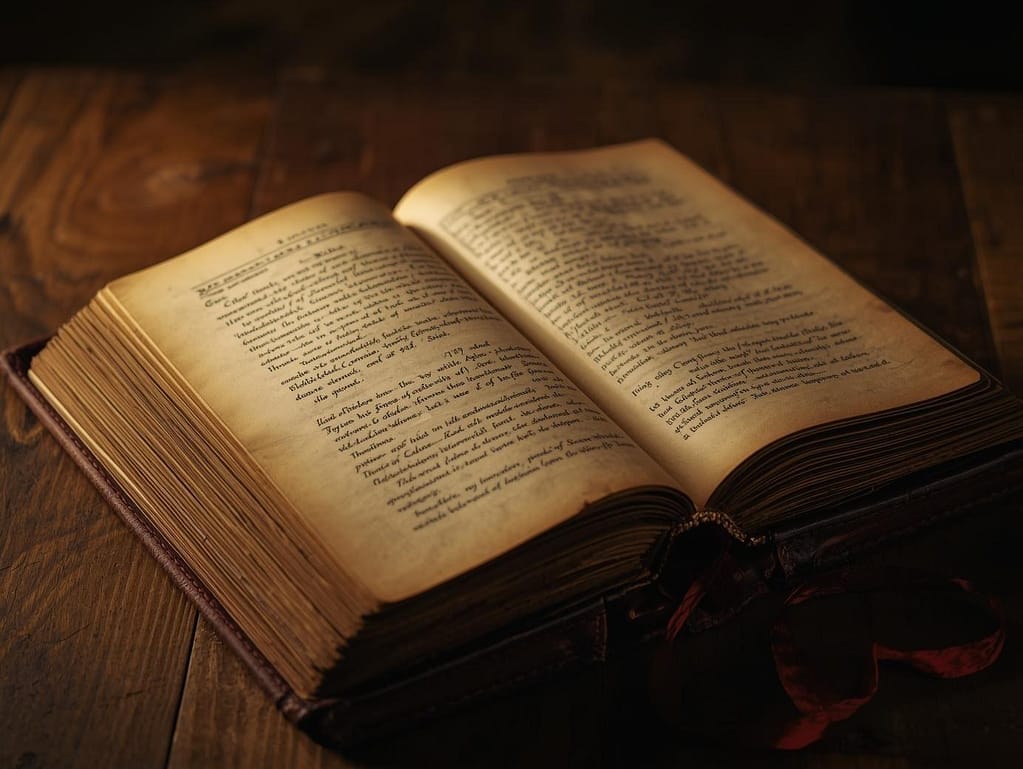 Otwarta stara księga z zapisanymi stronami leżąca na drewnianym stole – symbol wiedzy i przepisów.