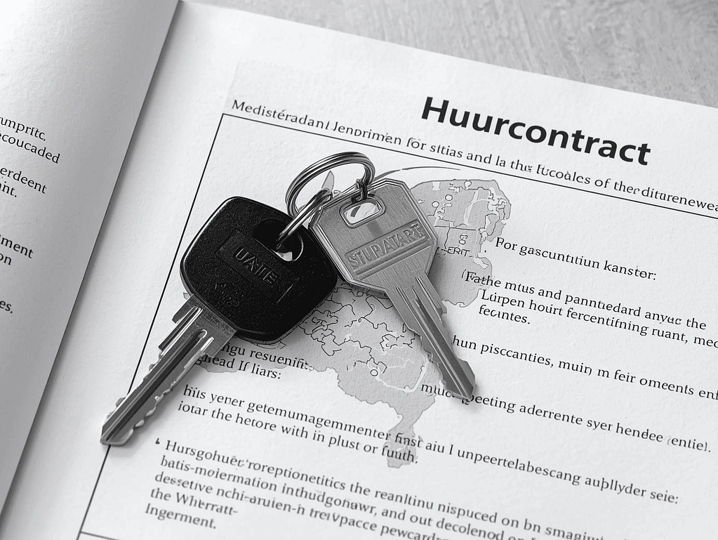 Dlaczego warto mieć meldunek w Holandii – korzyści i prawo do lokalu. Klucze do mieszkania w Holandii leżące na umowie najmu Huurcontract z widoczną mapą.