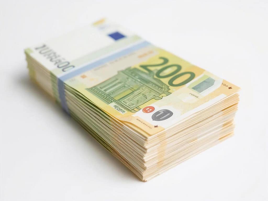 Plik banknotów Euro o różnych nominałach, ułożony na jasnym tle, symbolizujący zwrot podatku i zasiłki wypłacane przez holenderski urząd skarbowy.