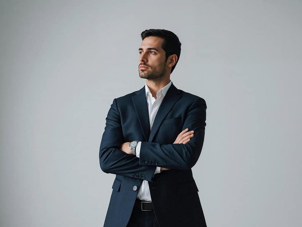 Mężczyzna w ciemnym garniturze z założonymi rękami, patrzący w dal z namysłem, symbolizujący profesjonalne podejście do formalności i finansów w Holandii.