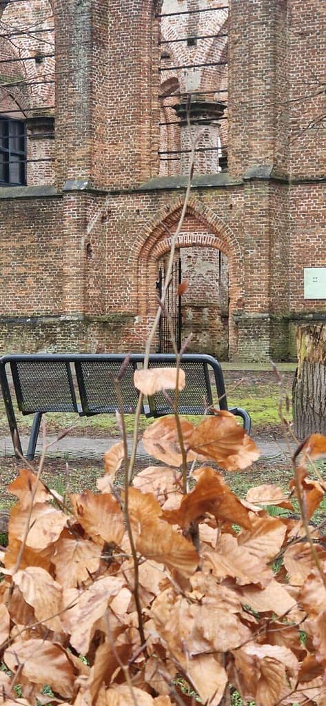 Widok na ceglane mury i gotyckie łuki zabytkowego kościoła Hervormde of Oude Kerk w Dongen z XIV wieku.