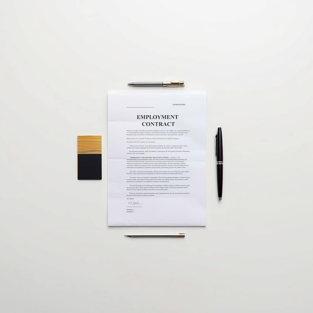 praca-holandia-cao-kontrakt-uwv Umowa o pracę (Employment Contract), pióro oraz elegancka karta identyfikacyjna na środku jasnego biurka.