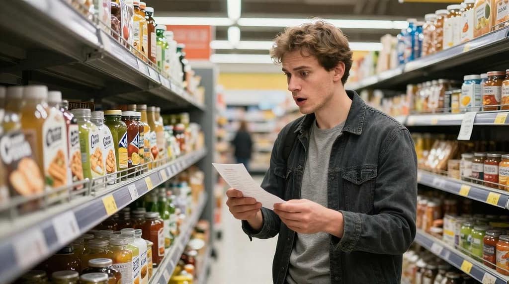 Klient w holenderskim supermarkecie sprawdza paragon i ceny produktów spożywczych
