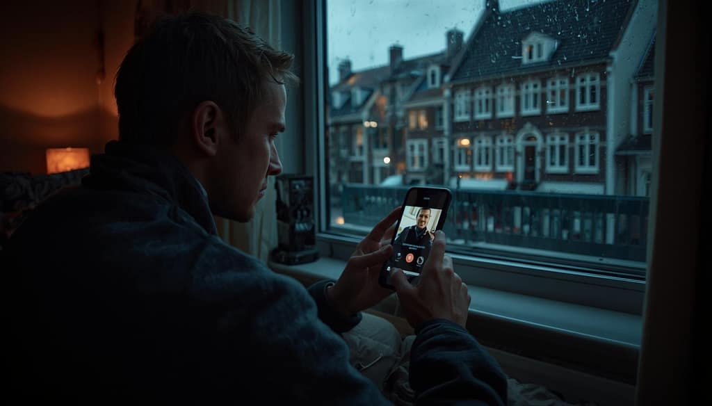 Polski emigrant w Holandii rozmawia przez telefon z rodziną w Polsce podczas wieczoru w mieszkaniu.