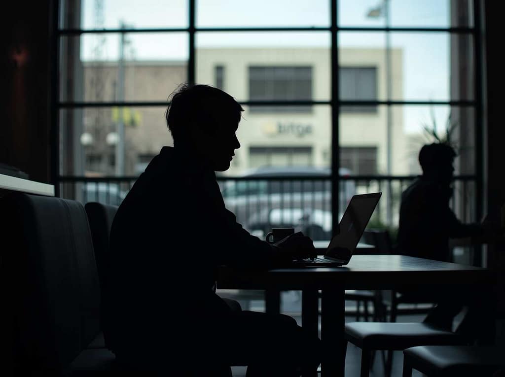 Sylwetka eksperta pracującego przy laptopie w nowoczesnym biurze w Holandii – kontakt z blogiem.