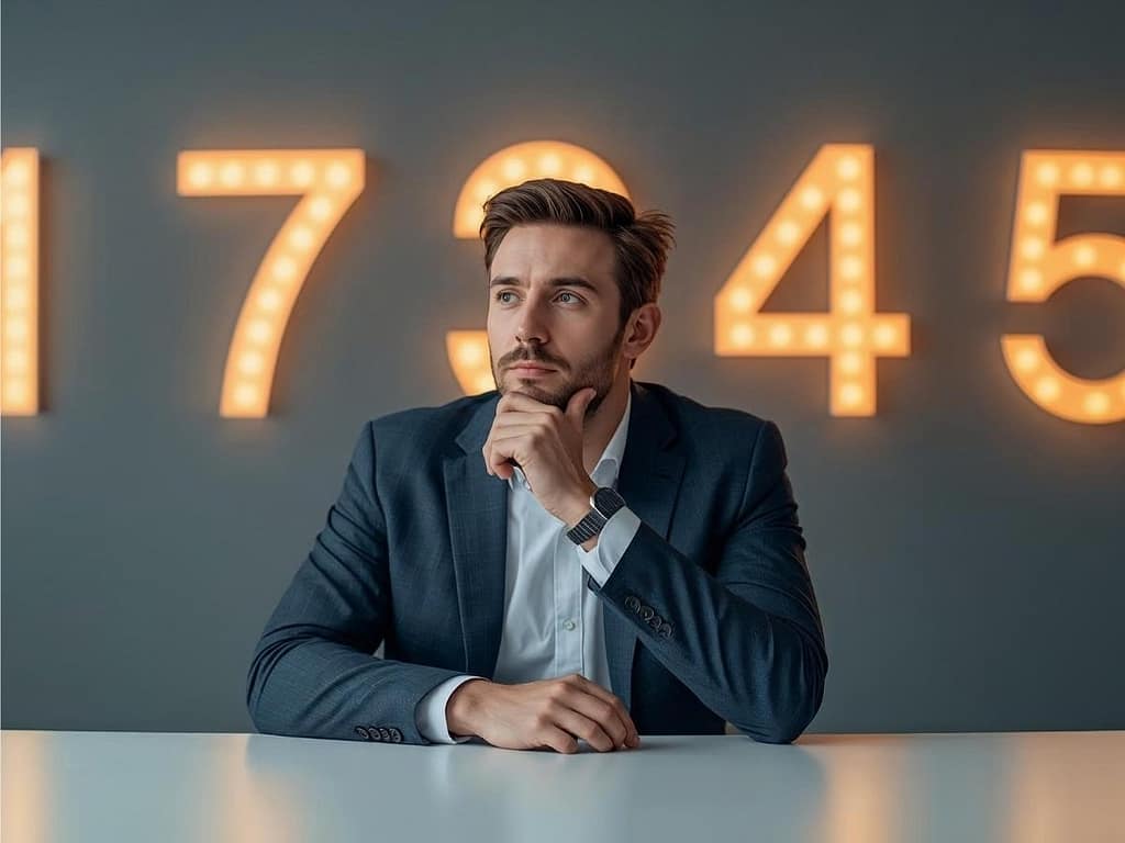 Mężczyzna w garniturze myślący o finansach i oszczędzaniu w euro, na tle podświetlonych cyfr – ekspert Pomocnik Holenderski