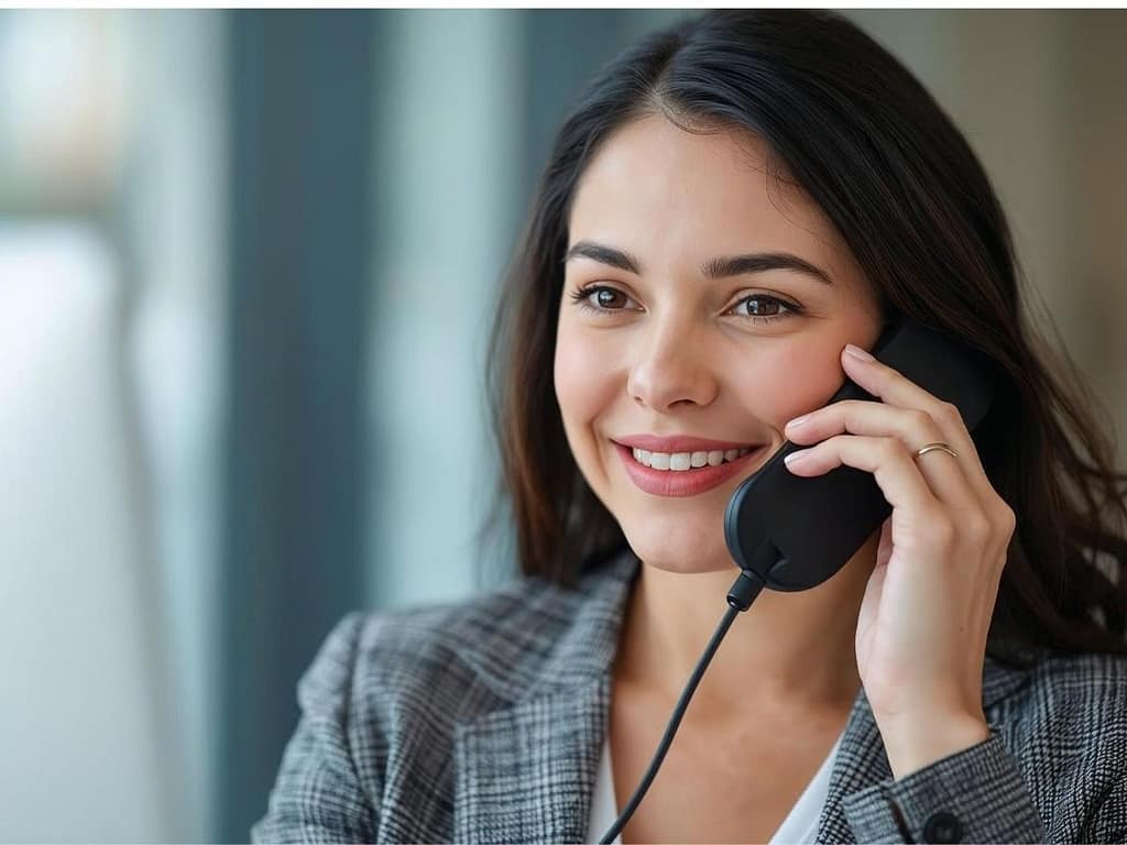 Uśmiechnięta kobieta w eleganckim żakiecie rozmawiająca przez telefon biurowy przed monitorem komputera.