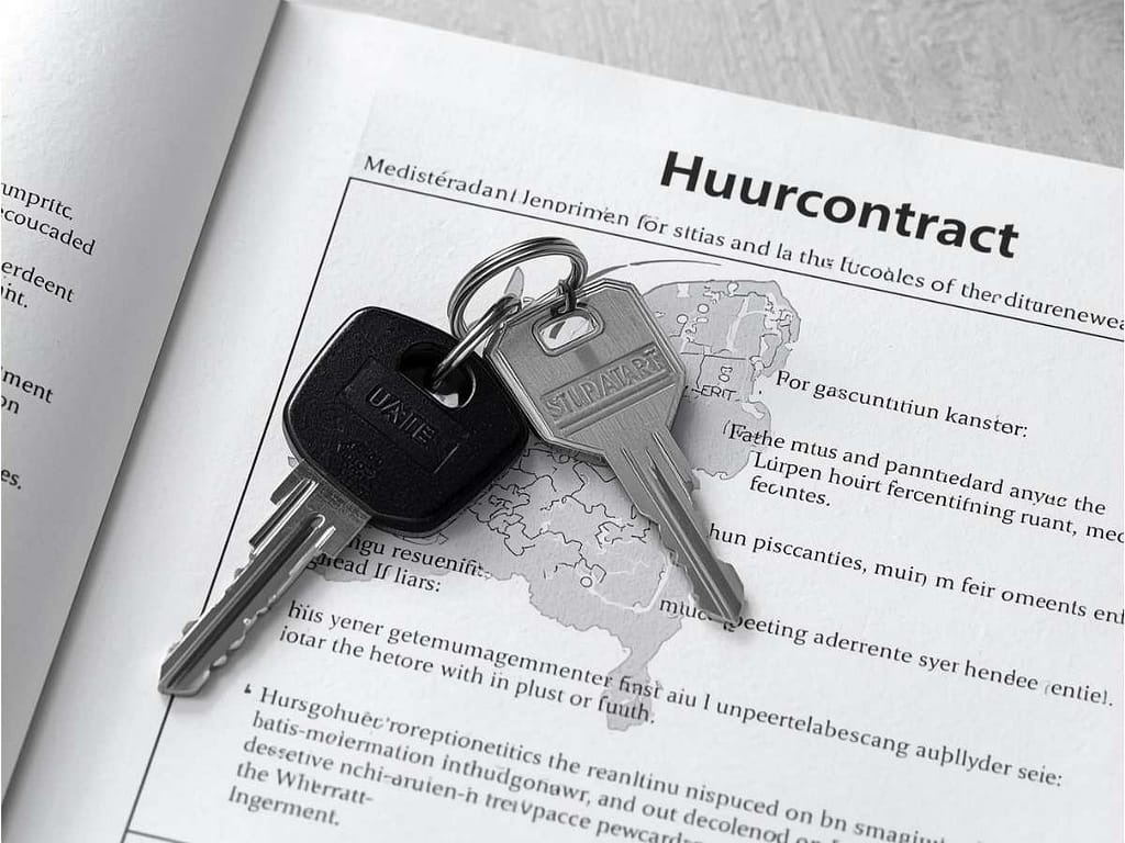 Dlaczego warto mieć meldunek w Holandii – korzyści i prawo do lokalu. Klucze do mieszkania leżące na umowie najmu (Huurcontract) w Holandii – symbol meldunku i korzyści finansowych.