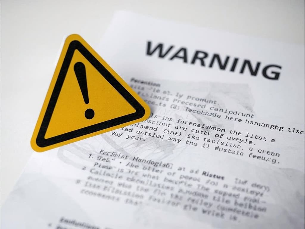 ostrzezenie-nieuczciwa-praca-holandia Znak ostrzegawczy z wykrzyknikiem oraz napis Warning na tle nieczytelnej umowy o pracę.