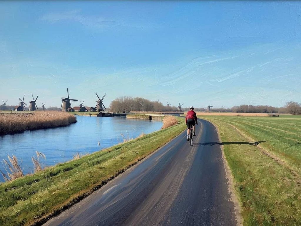 Rowerzysta jadący asfaltową ścieżką rowerową wzdłuż kanału w Holandii, w tle widać liczne zabytkowe wiatraki i zielone pola pod błękitnym niebem.