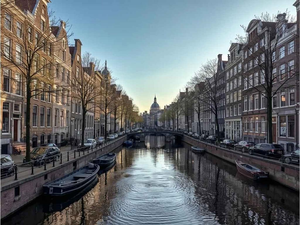 Widok na malowniczy kanał w Amsterdamie z rzędami zabytkowych kamienic, zaparkowanymi łodziami i mostem prowadzącym w stronę kopuły bazyliki w tle.