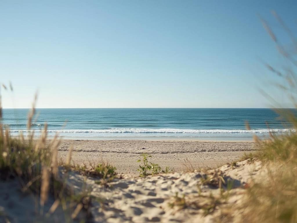 Szeroka, piaszczysta plaża nad Morzem Północnym w Holandii widziana zza trawiastych wydm w słoneczny dzień.