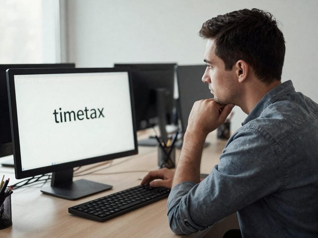 Mężczyzna siedzący przy biurku przed monitorem z napisem TimeTax, analizujący rozliczenie podatkowe i dokumenty finansowe.