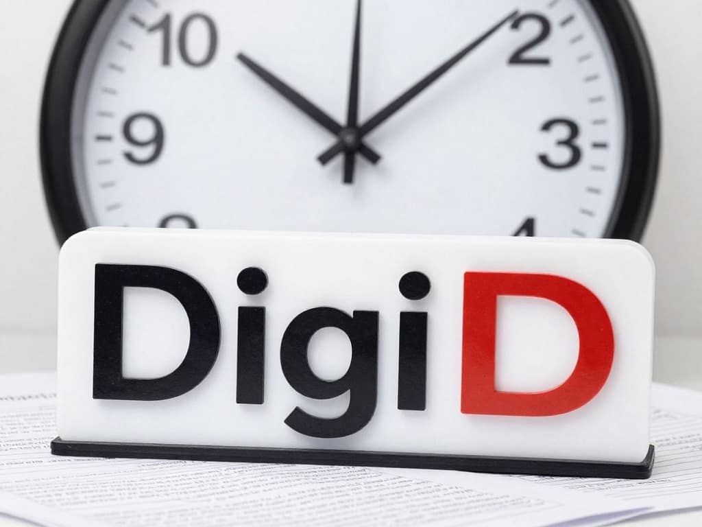 Logo DigiD na tle zegara i dokumentów symbolizujące czas oczekiwania na aktywację kodu DigiD w Holandii.