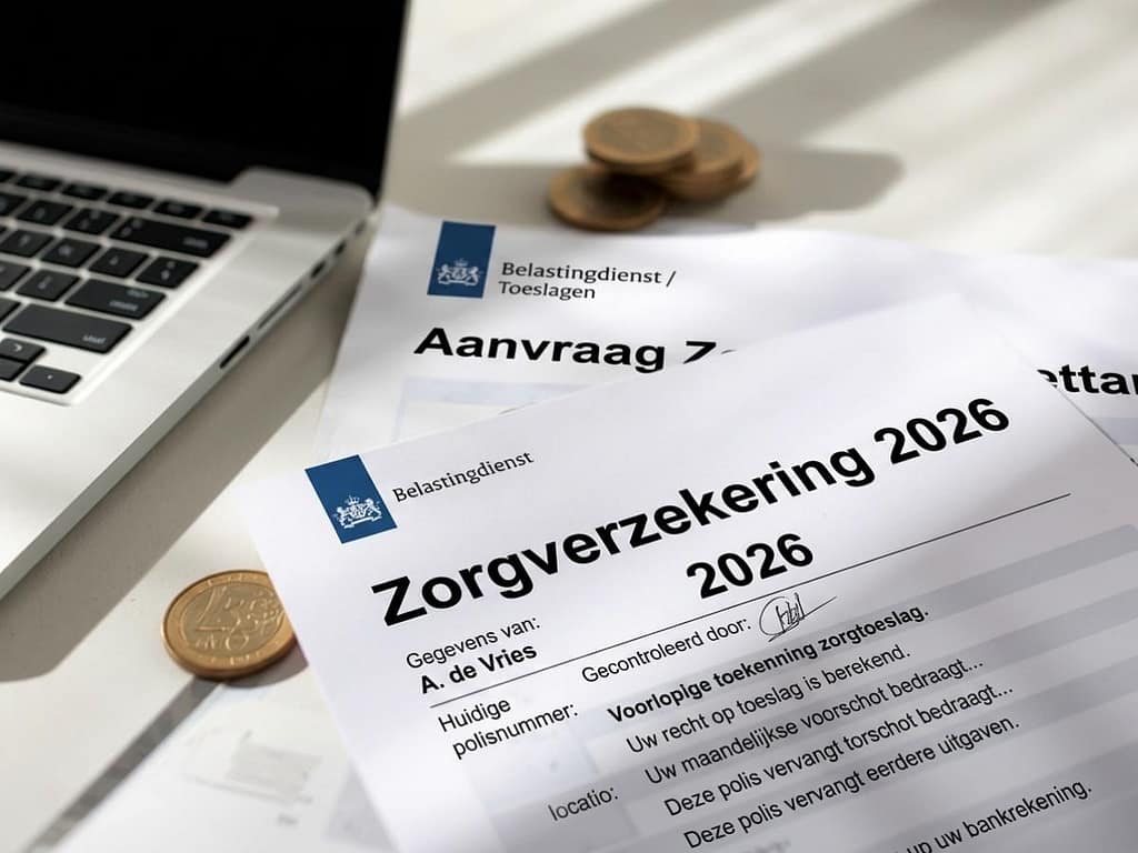 Dokumenty Belastingdienst o Zorgverzekering 2026 z euro i laptopem – warunki przyznania Zorgtoeslag.