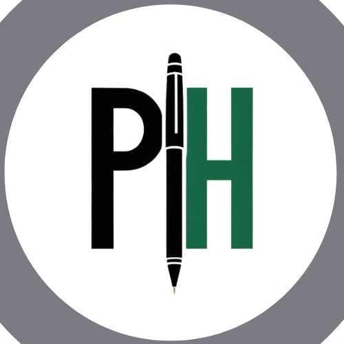 Okrągłe logo serwisu pomocnikholenderski.pl z czarną literą P, zieloną literą H oraz symbolem wiecznego pióra pośrodku.