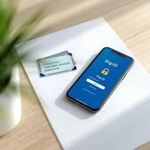 dokumenty-tozsamosci-bsn-digid-holandia Ekran logowania DigiD na smartfonie obok karty identyfikacyjnej – formalności urzędowe online w Holandii.
