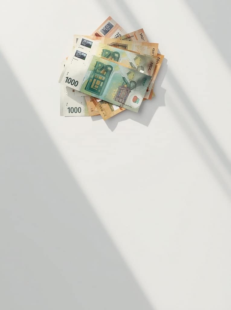 finanse-rodzinne-euro-zasilki-dzieci-holandia Stos banknotów ułożonych na jasnym tle, symbolizujący przyznane dotacje, zasiłki oraz wsparcie finansowe.
