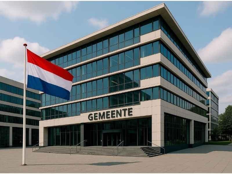 Budynek urzędu gminy Gemeente w Holandii z powiewającą flagą – miejsce, w którym dokonuje się meldunku BRP.